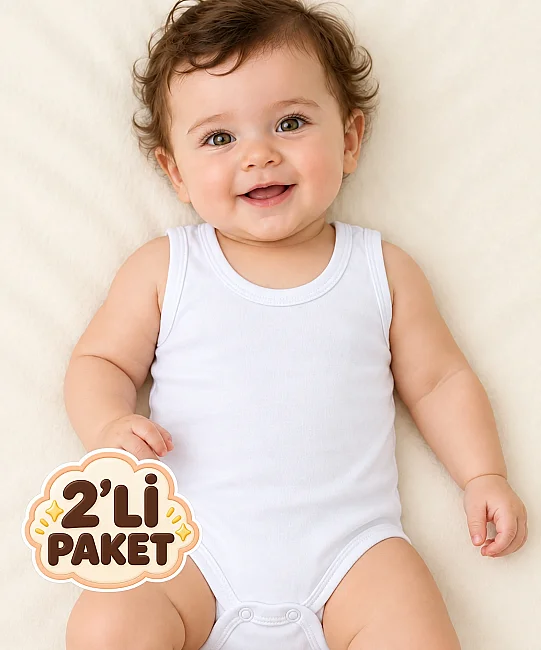 2'li Paket %100 Pamuk Askılı Bebek Çıtçıtlı Badi - BEYAZ - 3