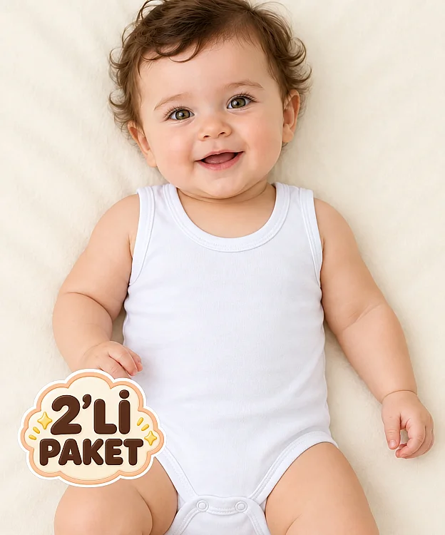 2'li Paket %100 Pamuk Askılı Bebek Çıtçıtlı Badi - BEYAZ - 3
