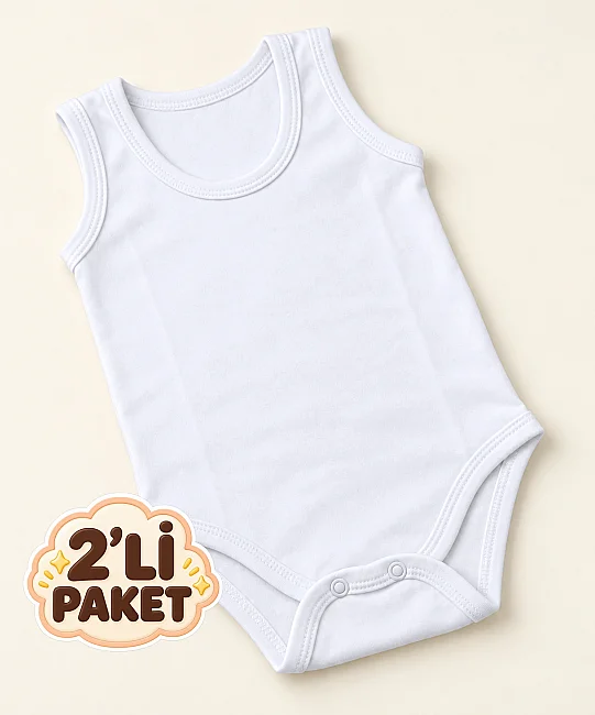 2'li Paket %100 Pamuk Askılı Bebek Çıtçıtlı Badi - BEYAZ (1)