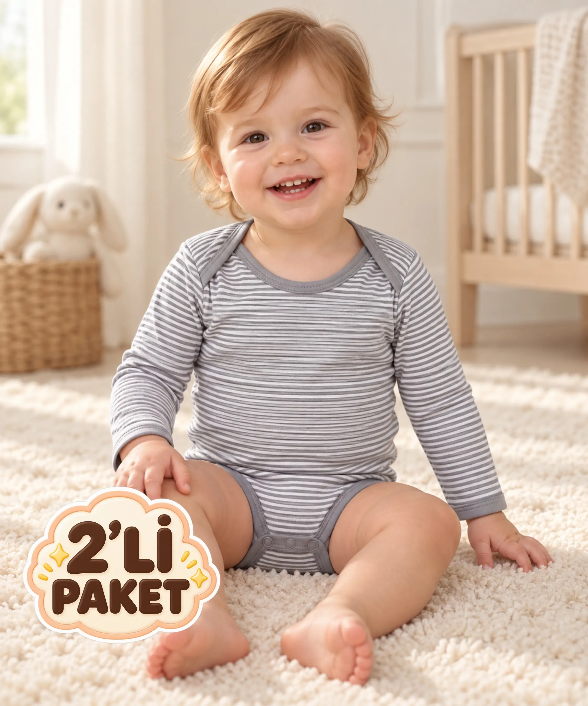 2'li Paket %100 Pamuk Uzun Kol Bebek Çıtçıtlı Badi - GRİ 