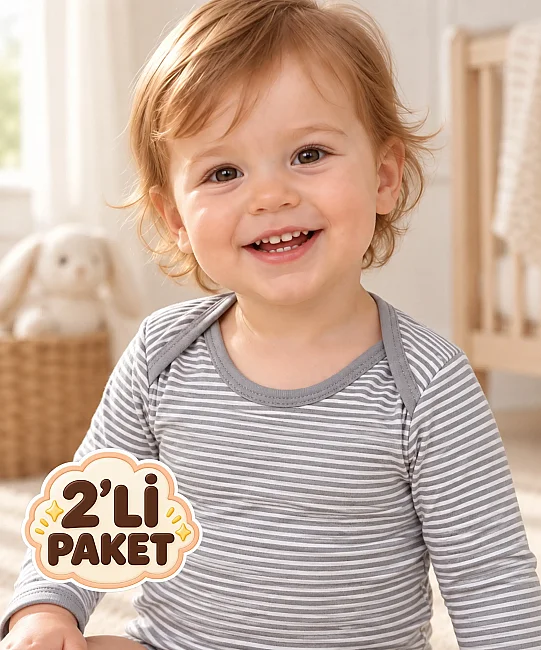 2'li Paket %100 Pamuk Uzun Kol Bebek Çıtçıtlı Badi - GRİ - 3