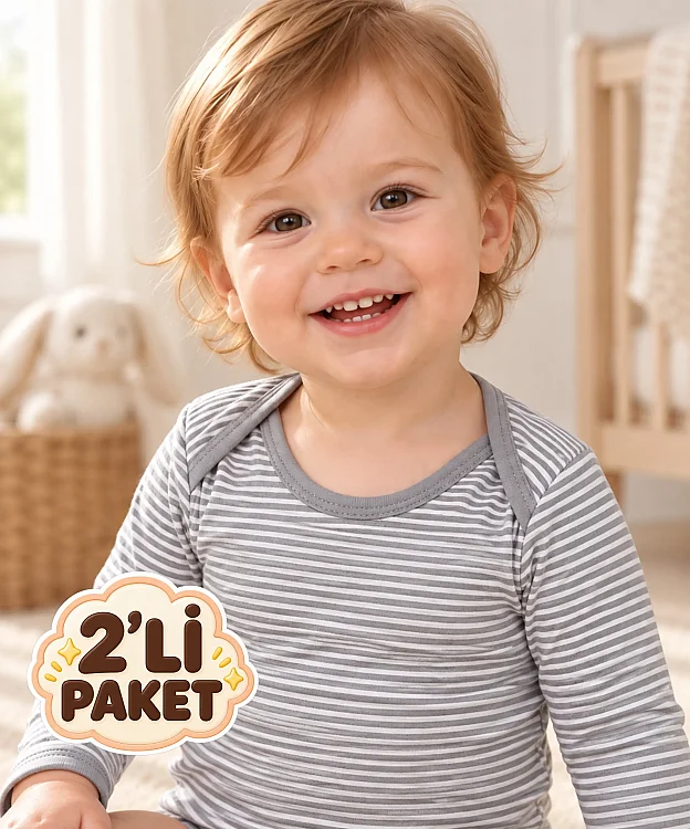 2'li Paket %100 Pamuk Uzun Kol Bebek Çıtçıtlı Badi - GRİ - 3
