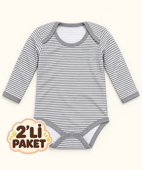 2'li Paket %100 Pamuk Uzun Kol Bebek Çıtçıtlı Badi - GRİ (1)