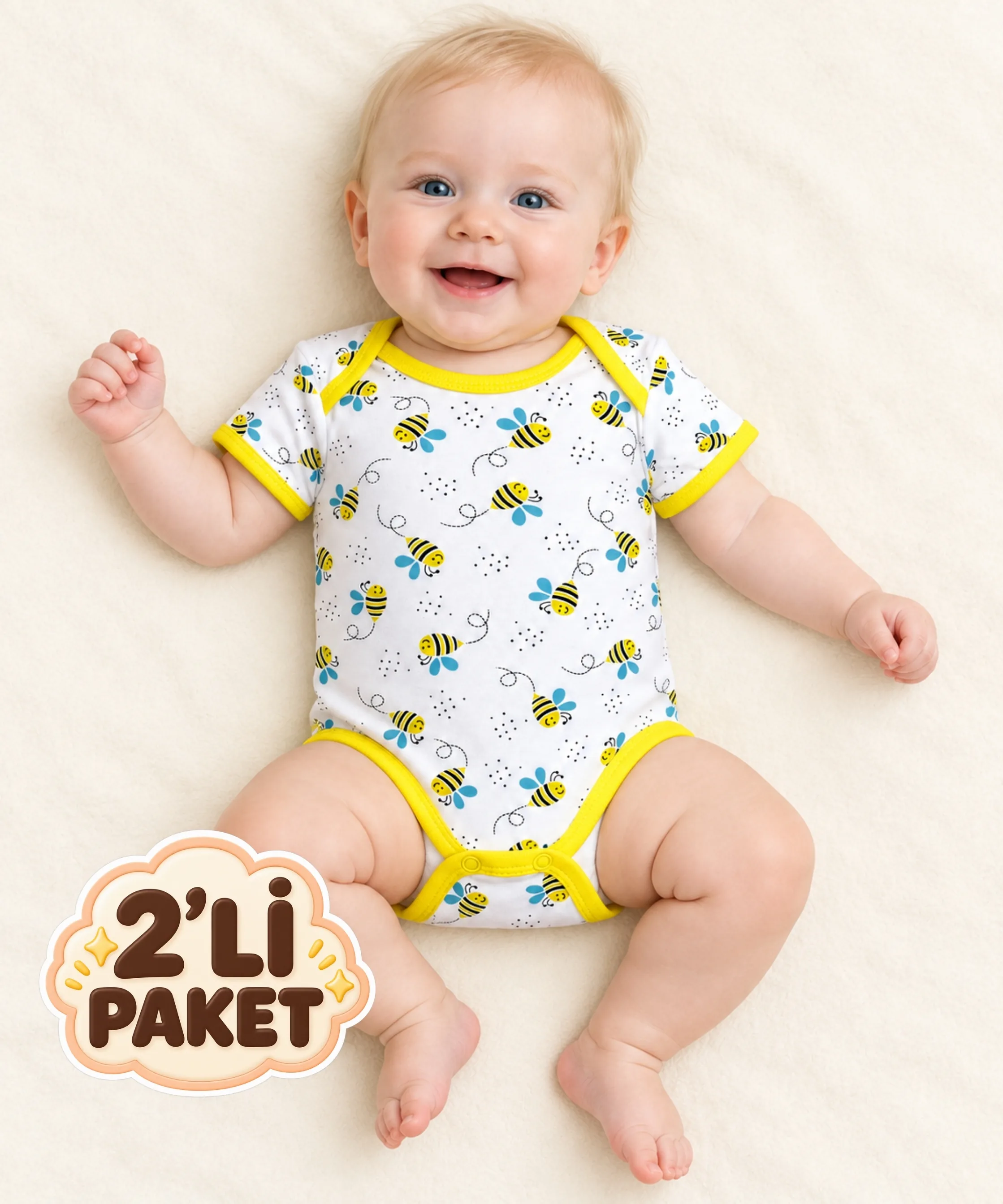 2'li Paket %100 Pamuk Yarım Kol Bebek Çıtçıtlı Badi - SARI