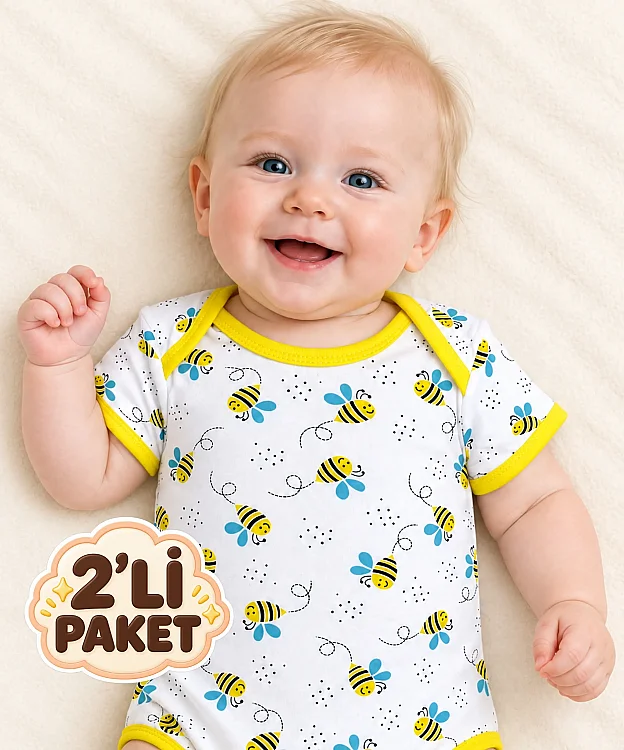 2'li Paket %100 Pamuk Yarım Kol Bebek Çıtçıtlı Badi - SARI - 3