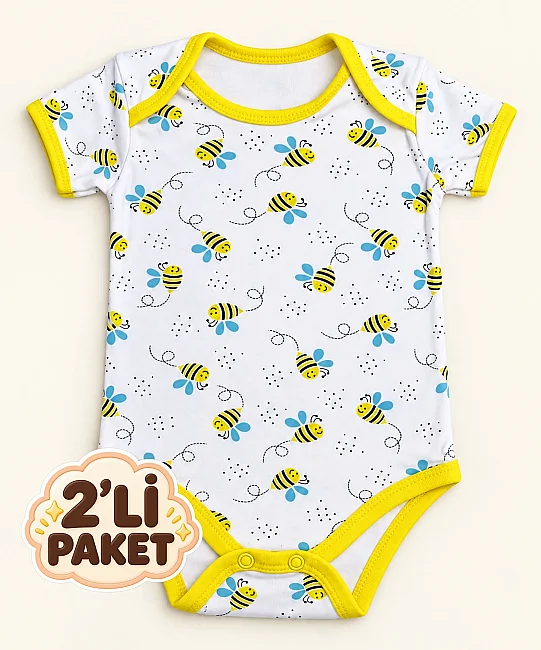 2'li Paket %100 Pamuk Yarım Kol Bebek Çıtçıtlı Badi - SARI (1)