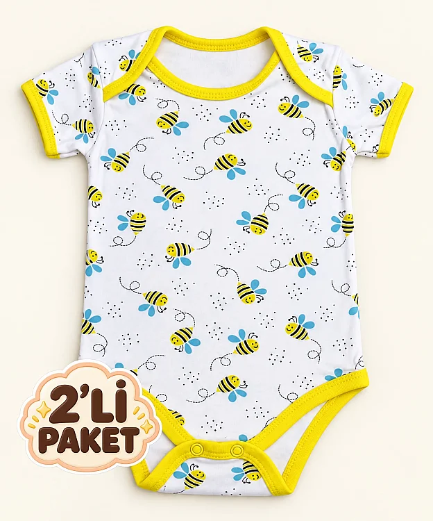 2'li Paket %100 Pamuk Yarım Kol Bebek Çıtçıtlı Badi - SARI - 2