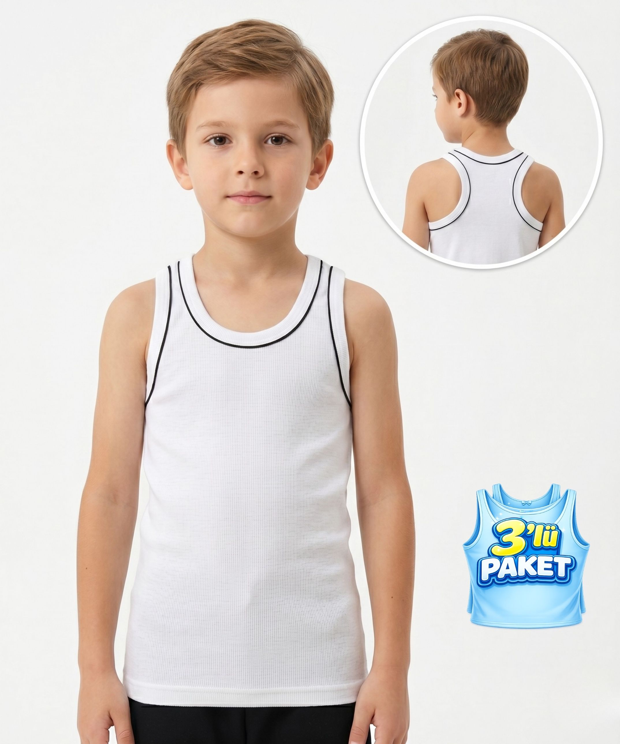 Pamuklu 3'lü Paket Erkek Çocuk Çapraz (Rambo) Atlet  - BEYAZ - 1