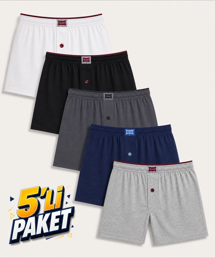 5'li Paket Penye Düğmeli Düz Erkek Boxer - ASORTİ - 1