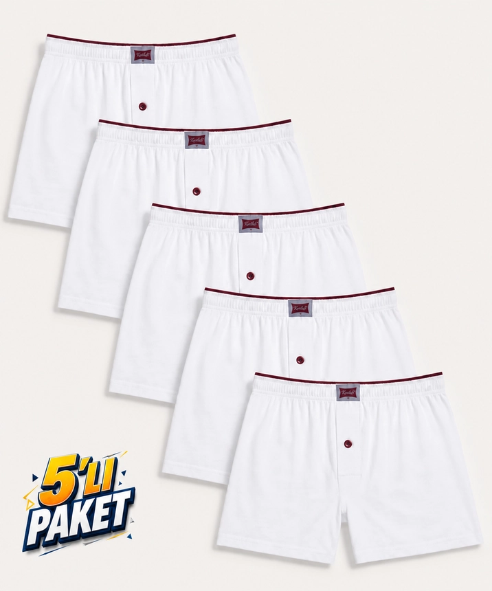 5'li Paket Penye Düğmeli Düz Erkek Boxer - BEYAZ 
