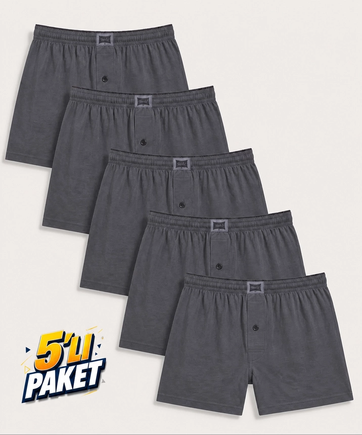 5'li Paket Penye Düğmeli Düz Erkek Boxer - FÜME - 1