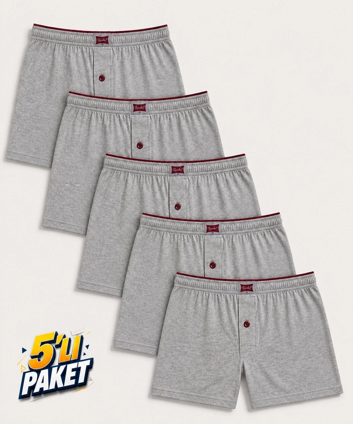 5'li Paket Penye Düğmeli Düz Erkek Boxer - GRİ