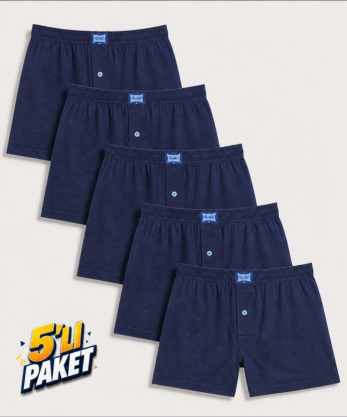 5'li Paket Penye Düğmeli Düz Erkek Boxer - LACİVERT - 1