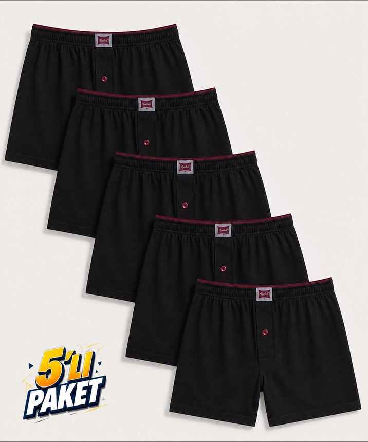 5'li Paket Penye Düğmeli Düz Erkek Boxer - SİYAH