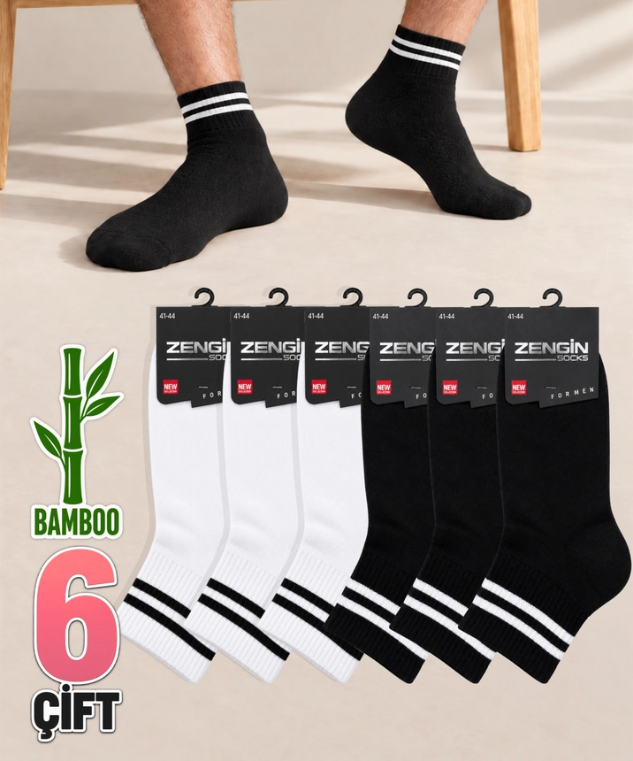 6 Çift Bambu Çizgili Erkek Kısa Konç Çorap - ASORTİ 