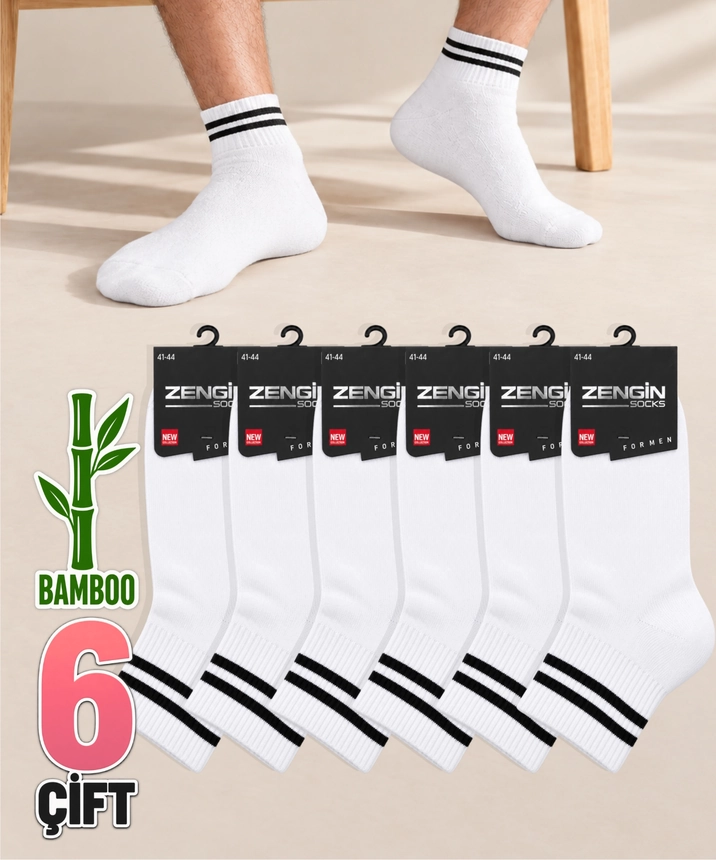 6 Çift Bambu Çizgili Erkek Kısa Konç Çorap - BEYAZ - 1