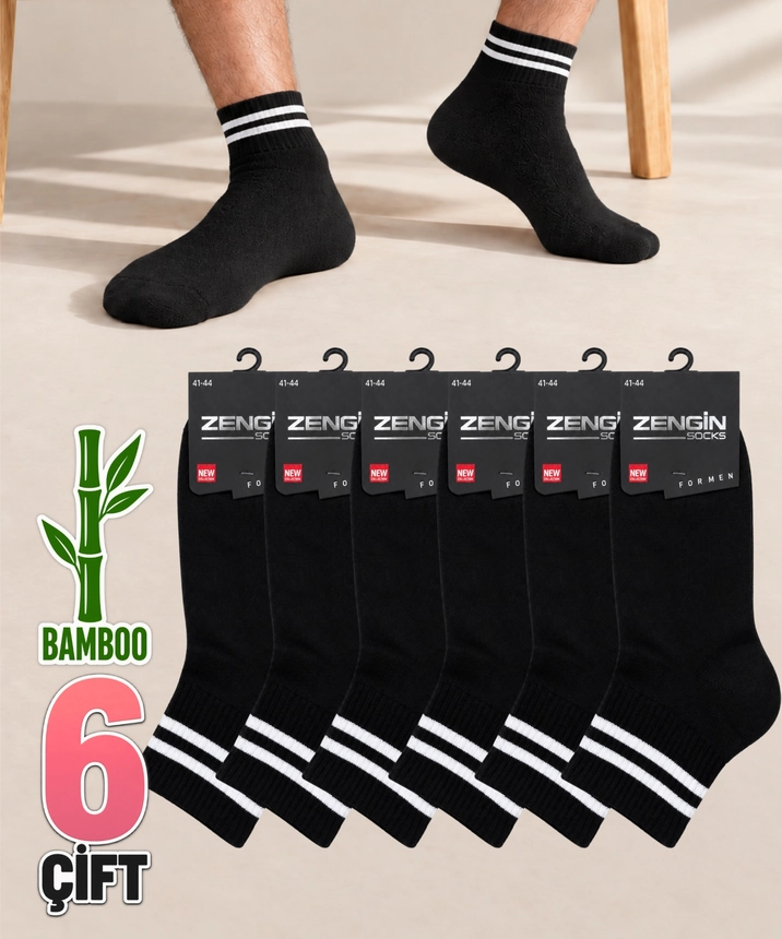 6 Çift Bambu Çizgili Erkek Kısa Konç Çorap - SİYAH