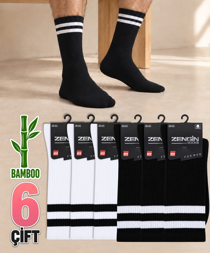 6 Çift Bambu Çizgili Erkek Soket Çorap - ASORTİ - 1