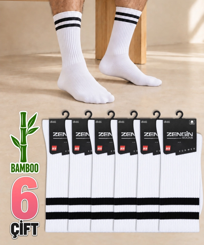 6 Çift Bambu Çizgili Erkek Soket Çorap - BEYAZ