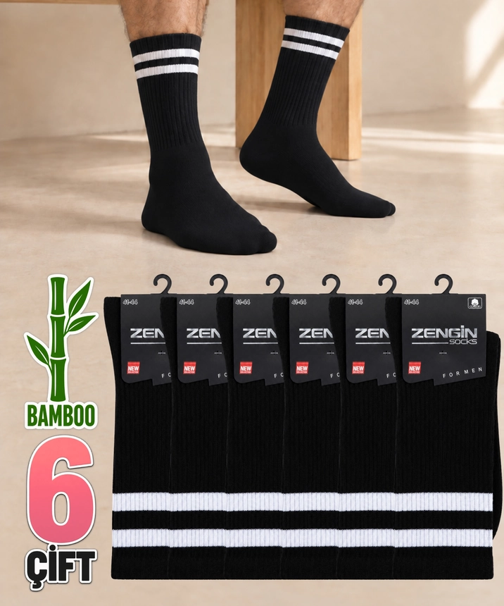 6 Çift Bambu Çizgili Erkek Soket Çorap - SİYAH