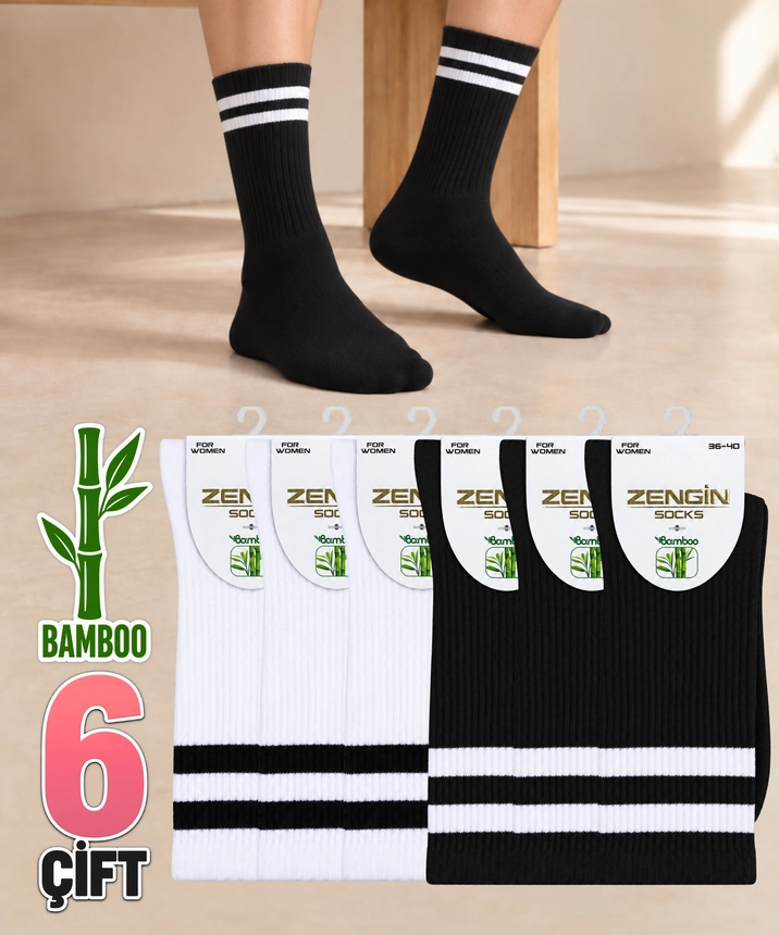 6 Çift Bambu Çizgili Kadın Soket Çorap - ASORTİ 
