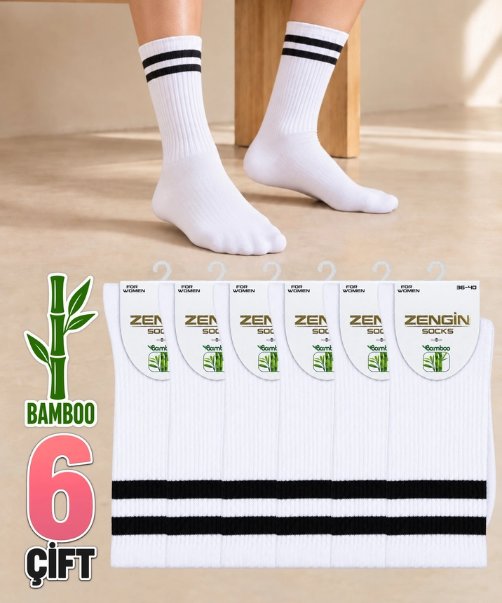 6 Çift Bambu Çizgili Kadın Soket Çorap - BEYAZ 