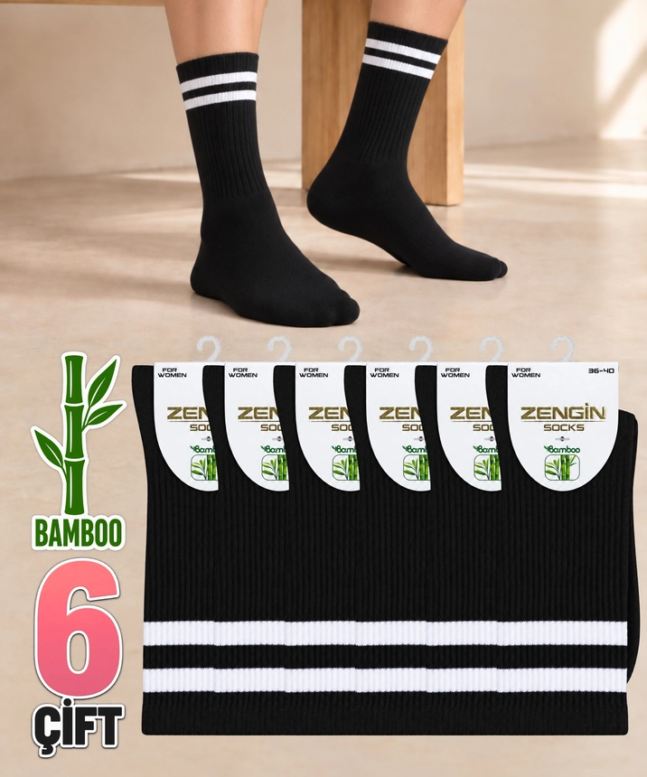 6 Çift Bambu Çizgili Kadın Soket Çorap - SİYAH