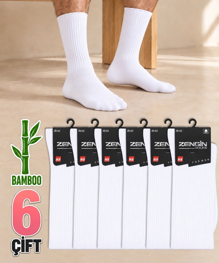 6 Çift Bambu Düz Erkek Soket Çorap - BEYAZ