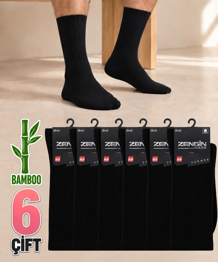 6 Çift Bambu Düz Erkek Soket Çorap - SİYAH