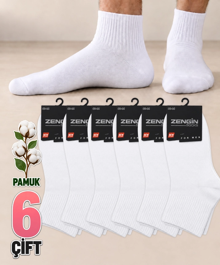 6 Çift Bambu Düz Erkek Yarım Konç Çorap - BEYAZ 