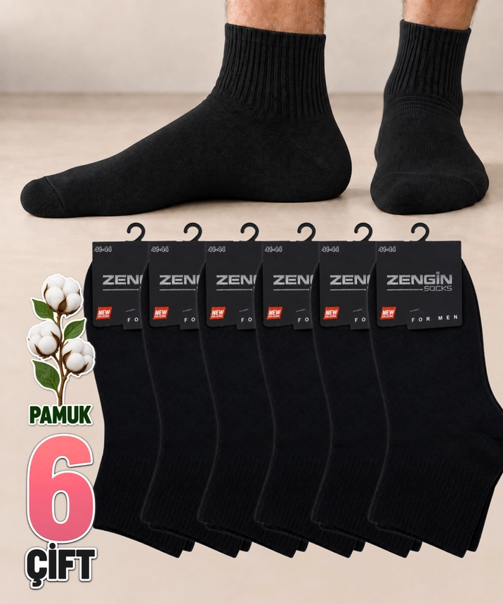 6 Çift Bambu Düz Erkek Yarım Konç Çorap - SİYAH