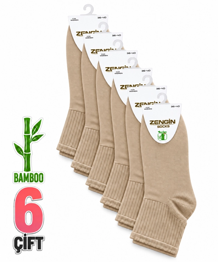 6 Çift Bambu Düz Kadın Kısa Konç Çorap - BEJ 
