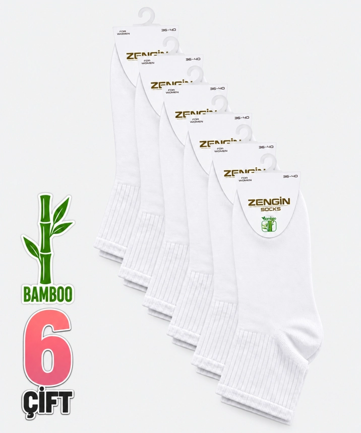 6 Çift Bambu Düz Kadın Kısa Konç Çorap - BEYAZ