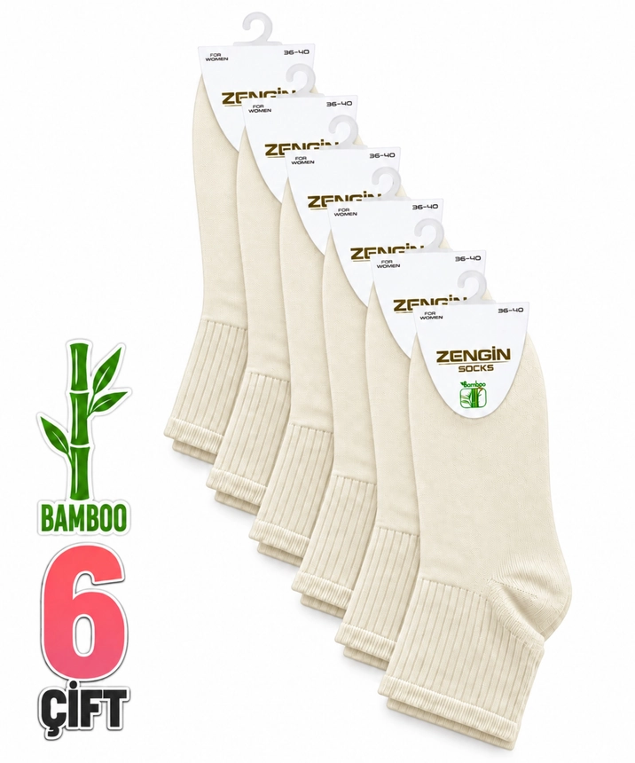 6 Çift Bambu Düz Kadın Kısa Konç Çorap - EKRU