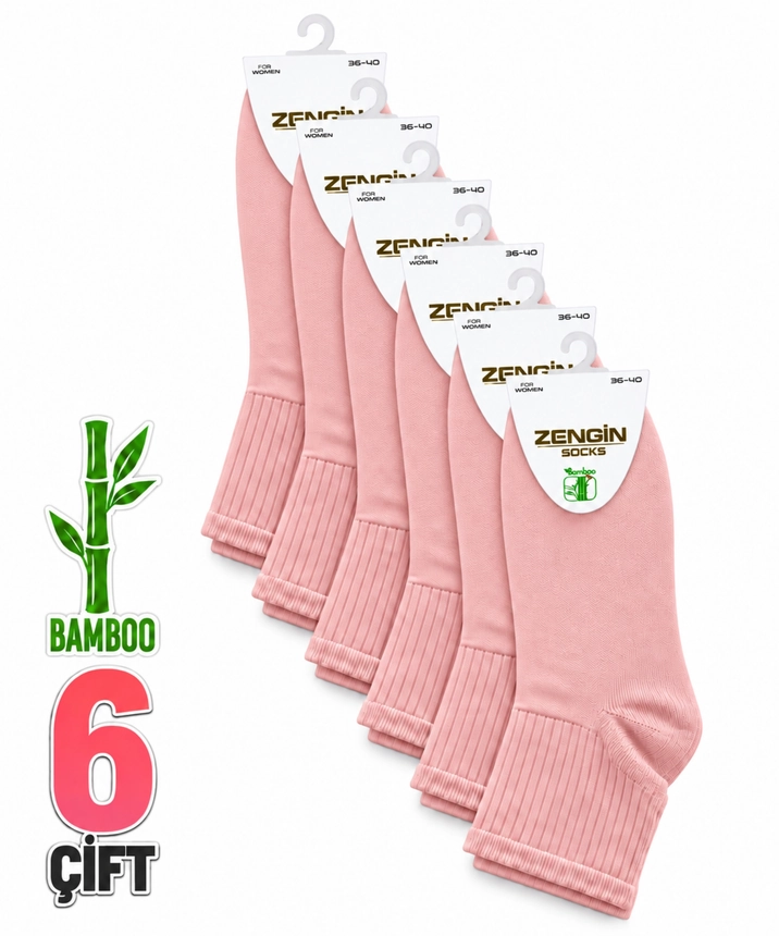 6 Çift Bambu Düz Kadın Kısa Konç Çorap - PEMBE