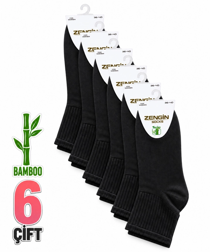 6 Çift Bambu Düz Kadın Kısa Konç Çorap - SİYAH