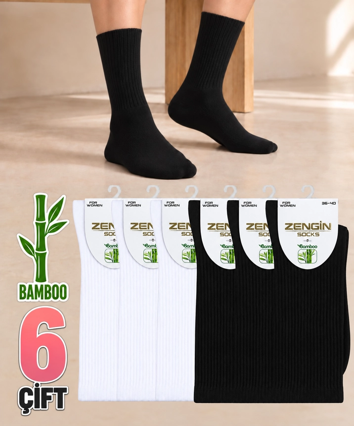 6 Çift Bambu Düz Kadın Soket Çorap - ASORTİ - 1