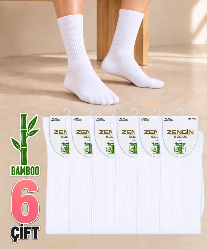 6 Çift Bambu Düz Kadın Soket Çorap - BEYAZ - 1