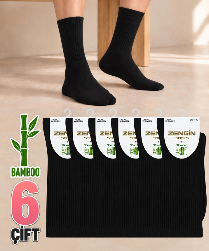 6 Çift Bambu Düz Kadın Soket Çorap - SİYAH - 1