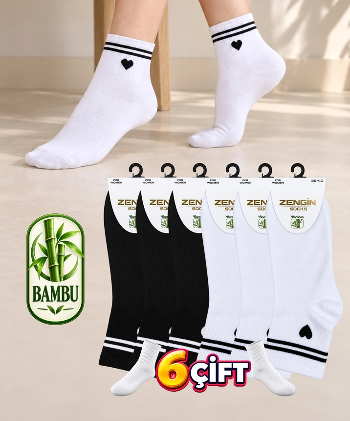 6 Çift Bambu Kalp Desenli Kadın Yarım Konç Çorap - ASORTİ 