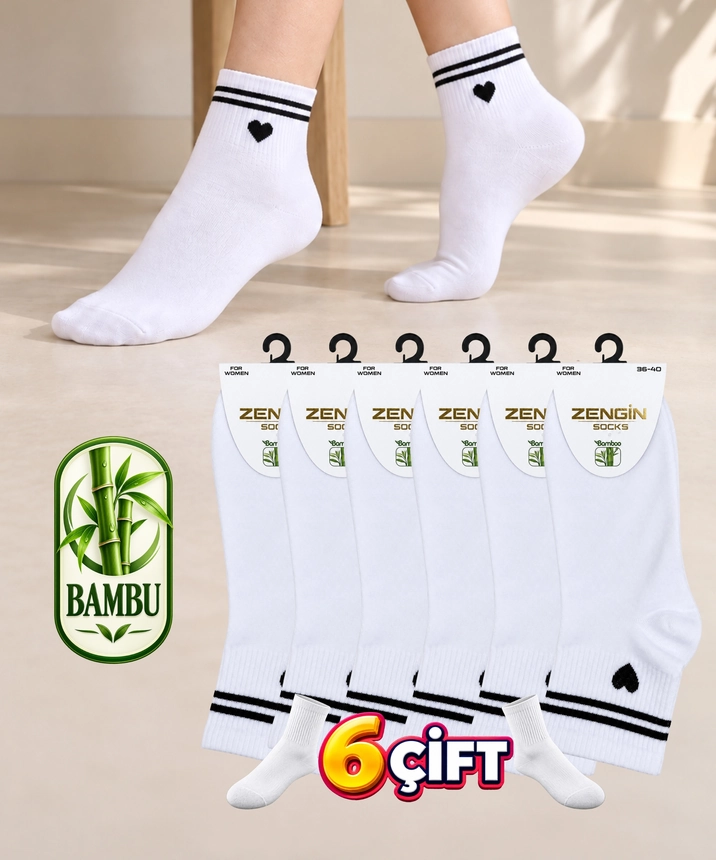 6 Çift Bambu Kalp Desenli Kadın Yarım Konç Çorap - BEYAZ - 1