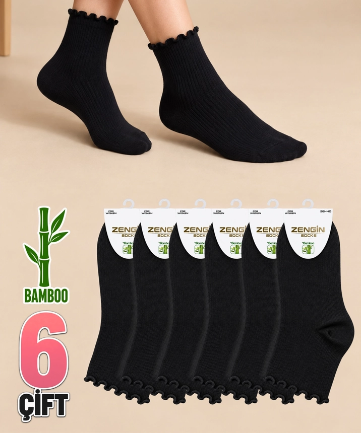 6 Çift Fırfırlı Kadın Kısa Konç Çorap - SİYAH