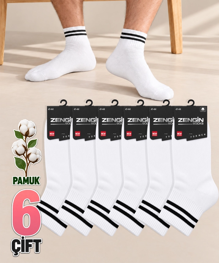 6 Çift Pamuklu Çizgili Erkek Kısa Konç Çorap - BEYAZ 