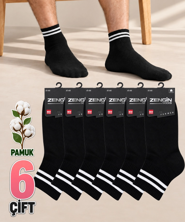 6 Çift Pamuklu Çizgili Erkek Kısa Konç Çorap - SİYAH