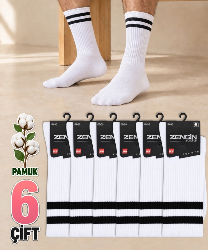 6 Çift Pamuklu Çizgili Erkek Soket Çorap - BEYAZ - 1