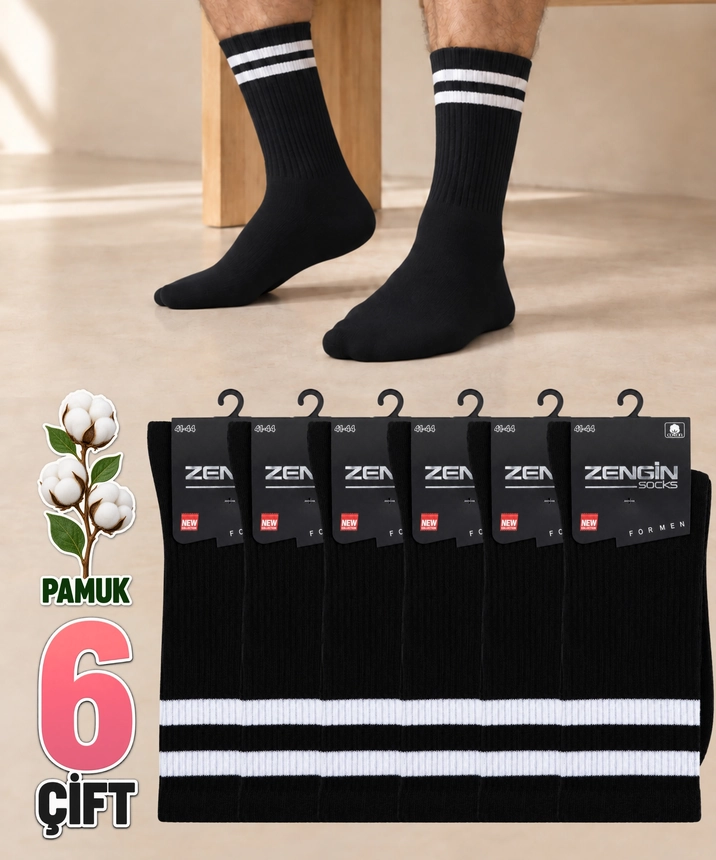 6 Çift Pamuklu Çizgili Erkek Soket Çorap - SİYAH