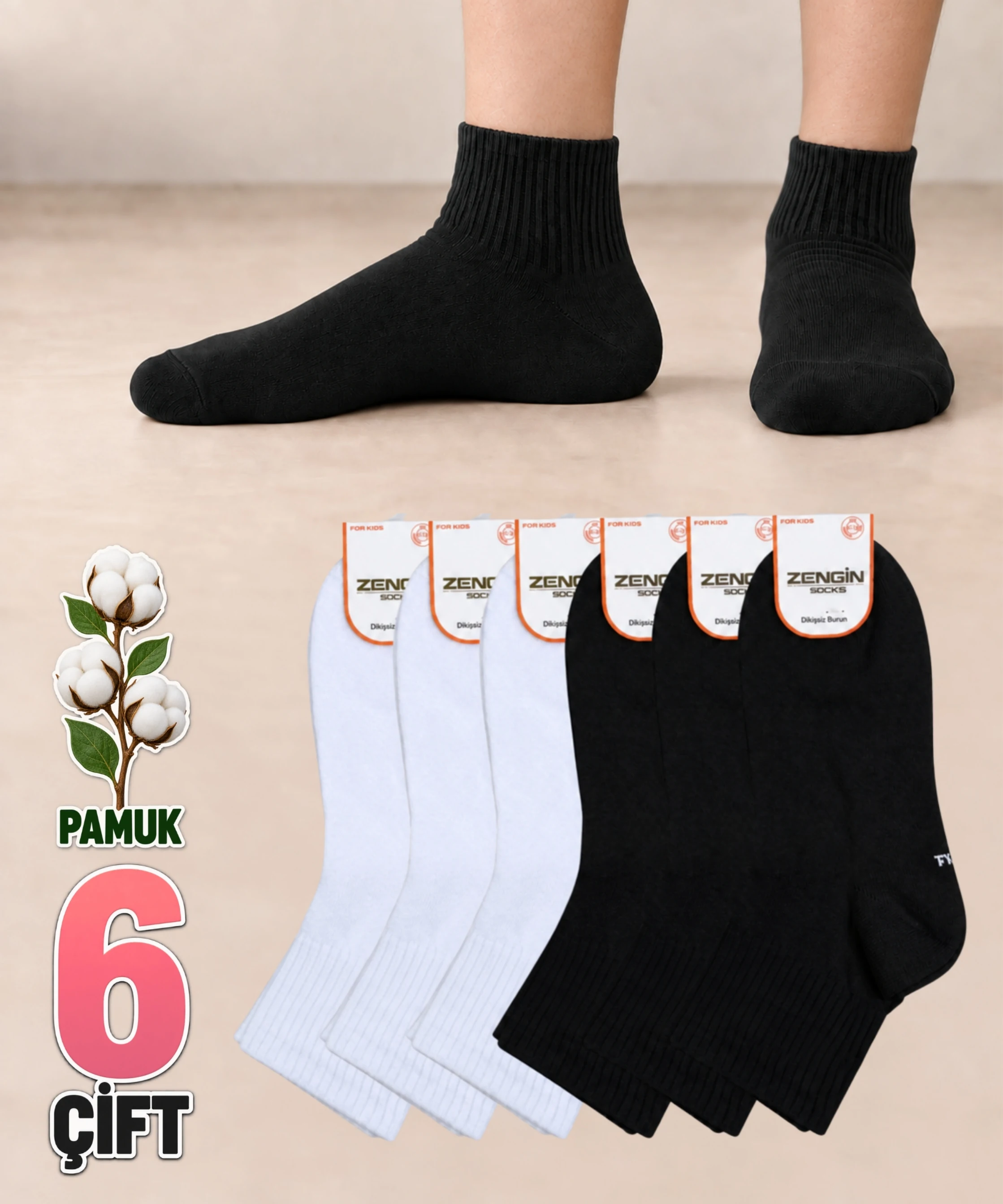 6 Çift Pamuklu Düz Çocuk Yarım Konç Çorap - ASORTİ