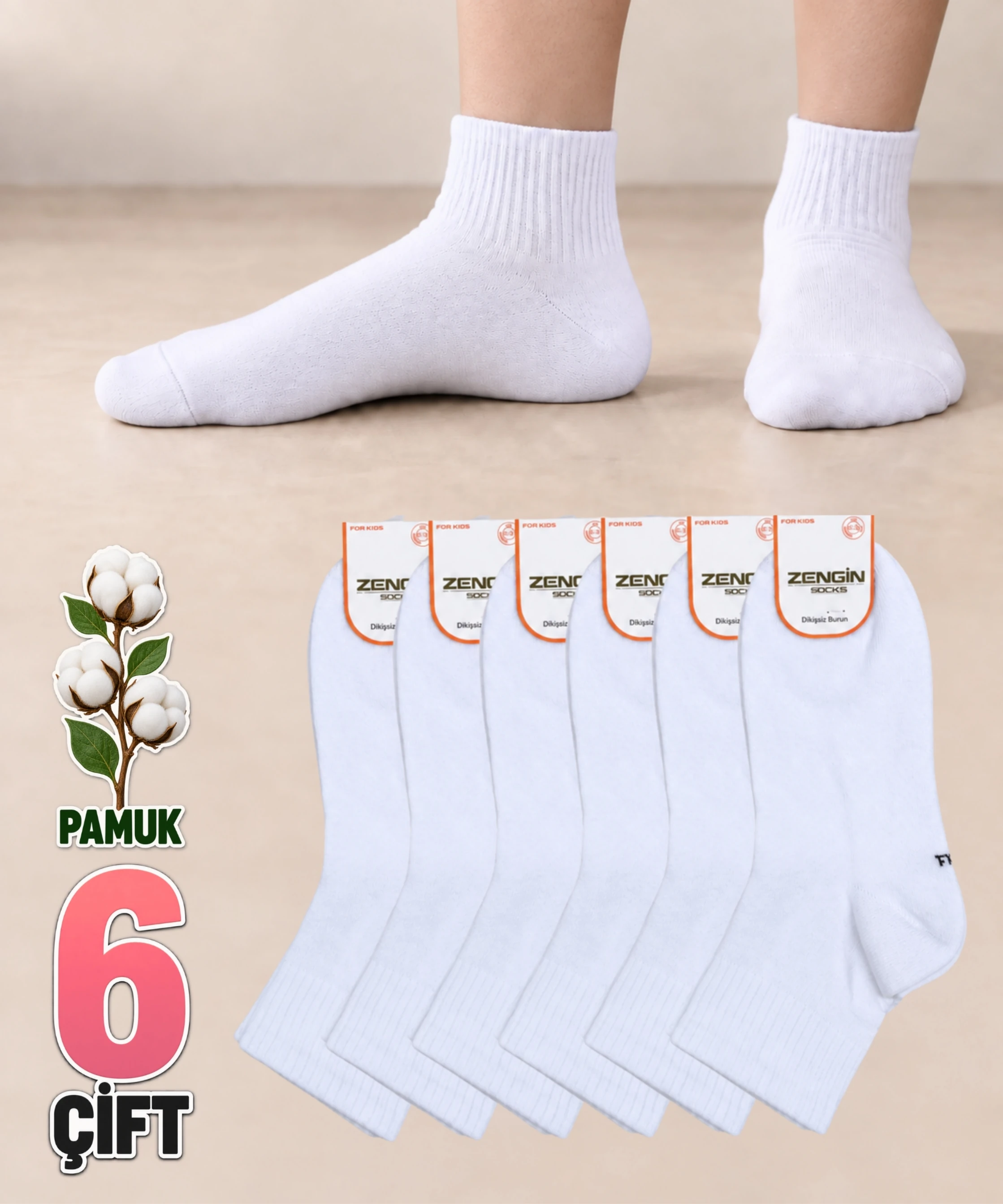 6 Çift Pamuklu Düz Çocuk Yarım Konç Çorap - BEYAZ