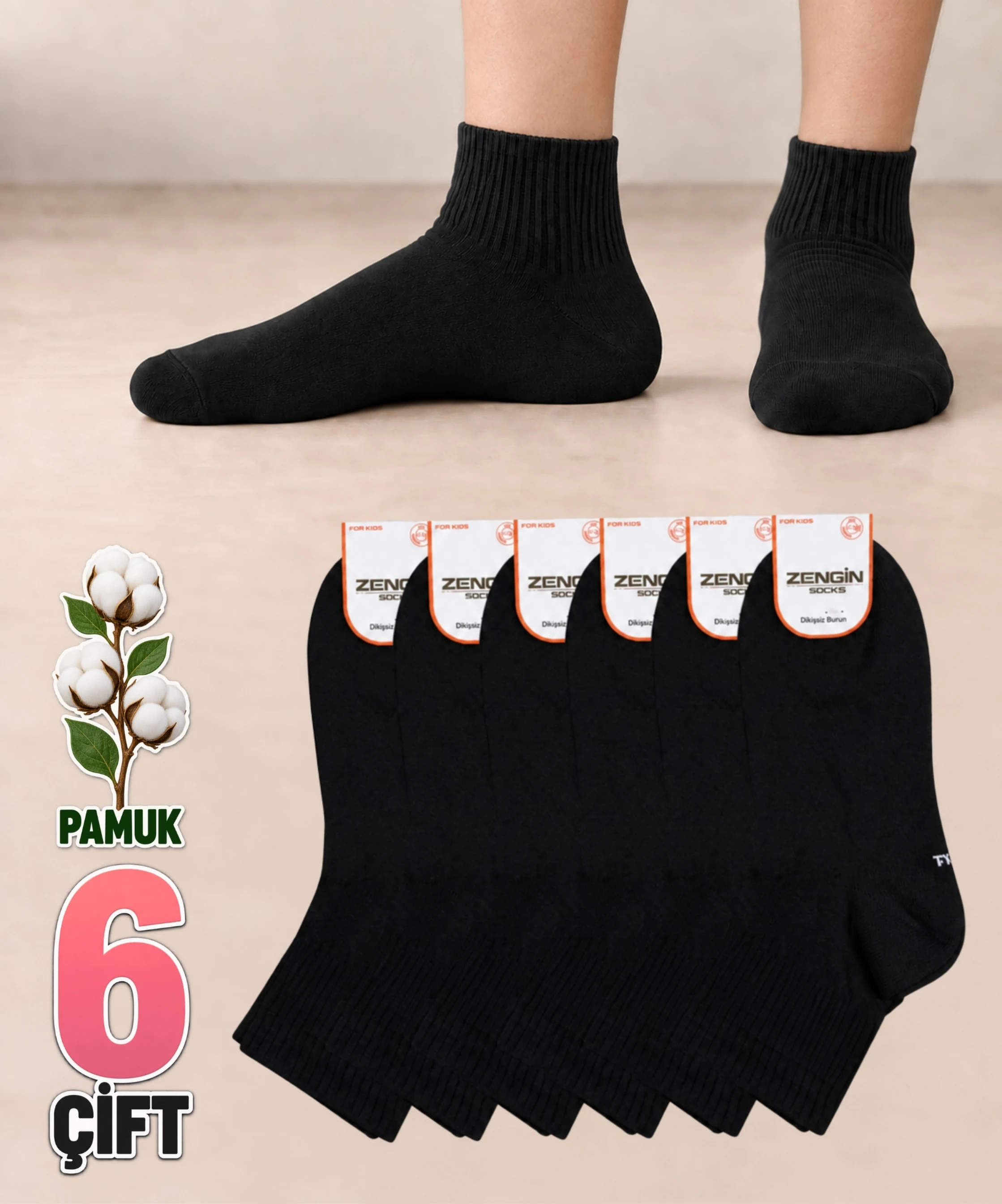 6 Çift Pamuklu Düz Çocuk Yarım Konç Çorap - SİYAH