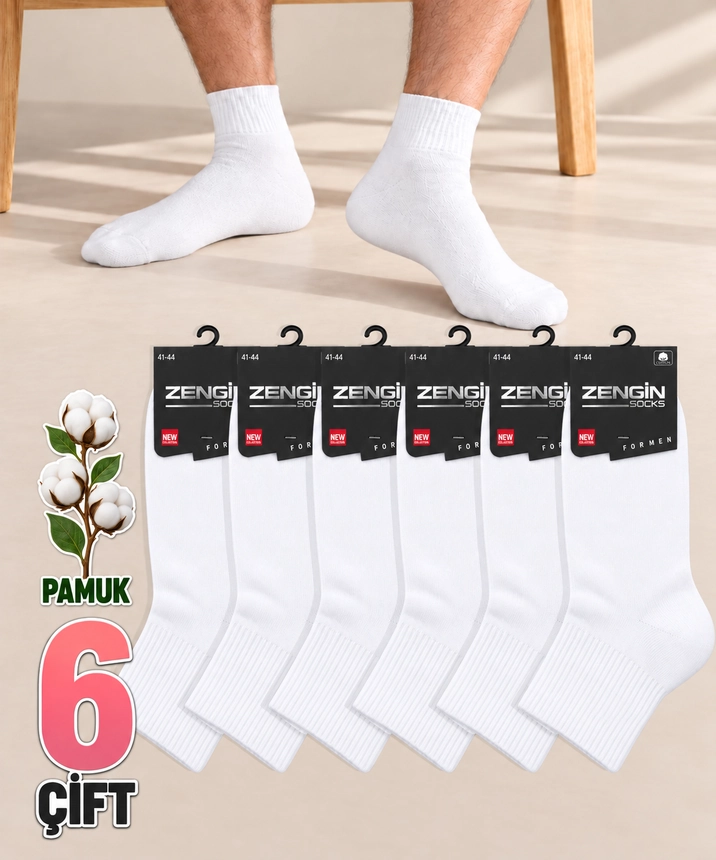 6 Çift Pamuklu Düz Erkek Kısa Konç Çorap - BEYAZ 
